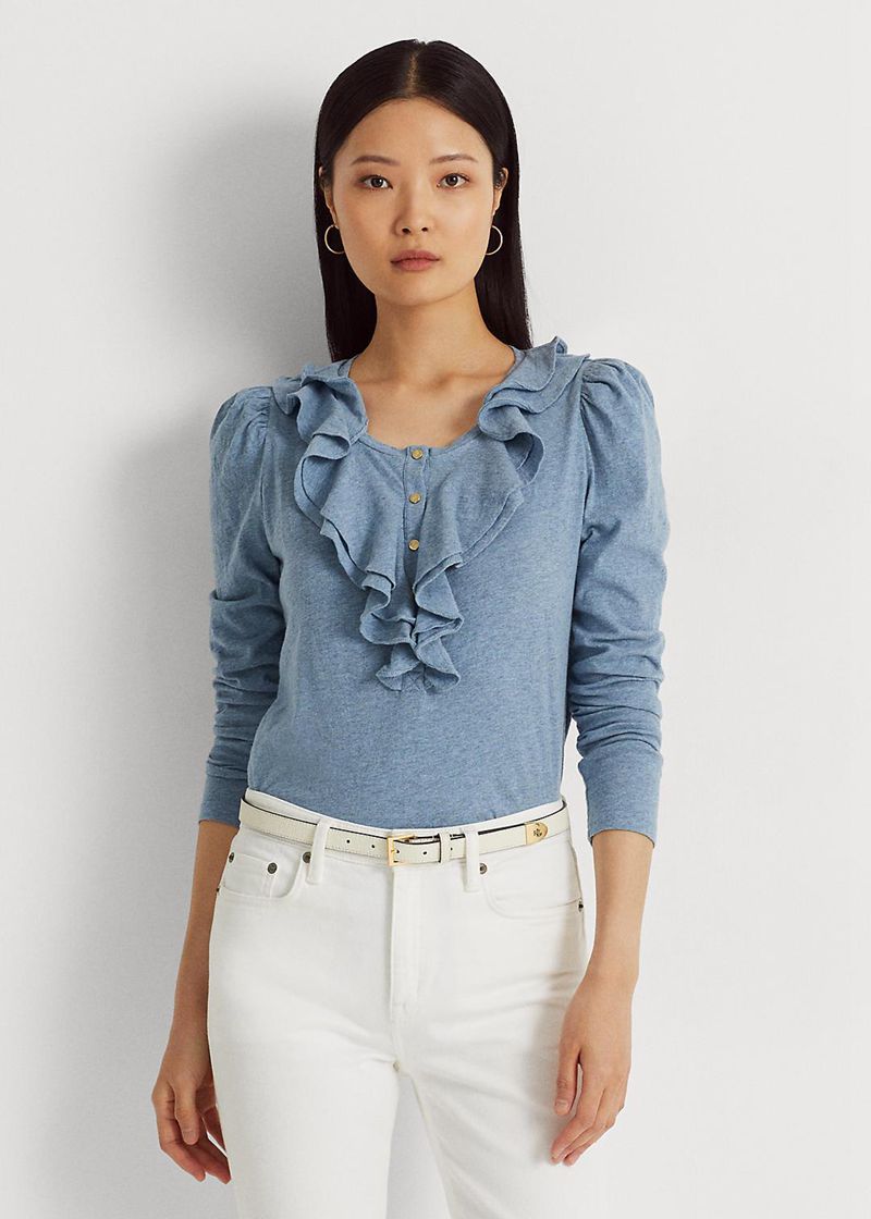ローレン トップス レディース 青 Ruffle-trim ジャージー Henley XVABJ8705